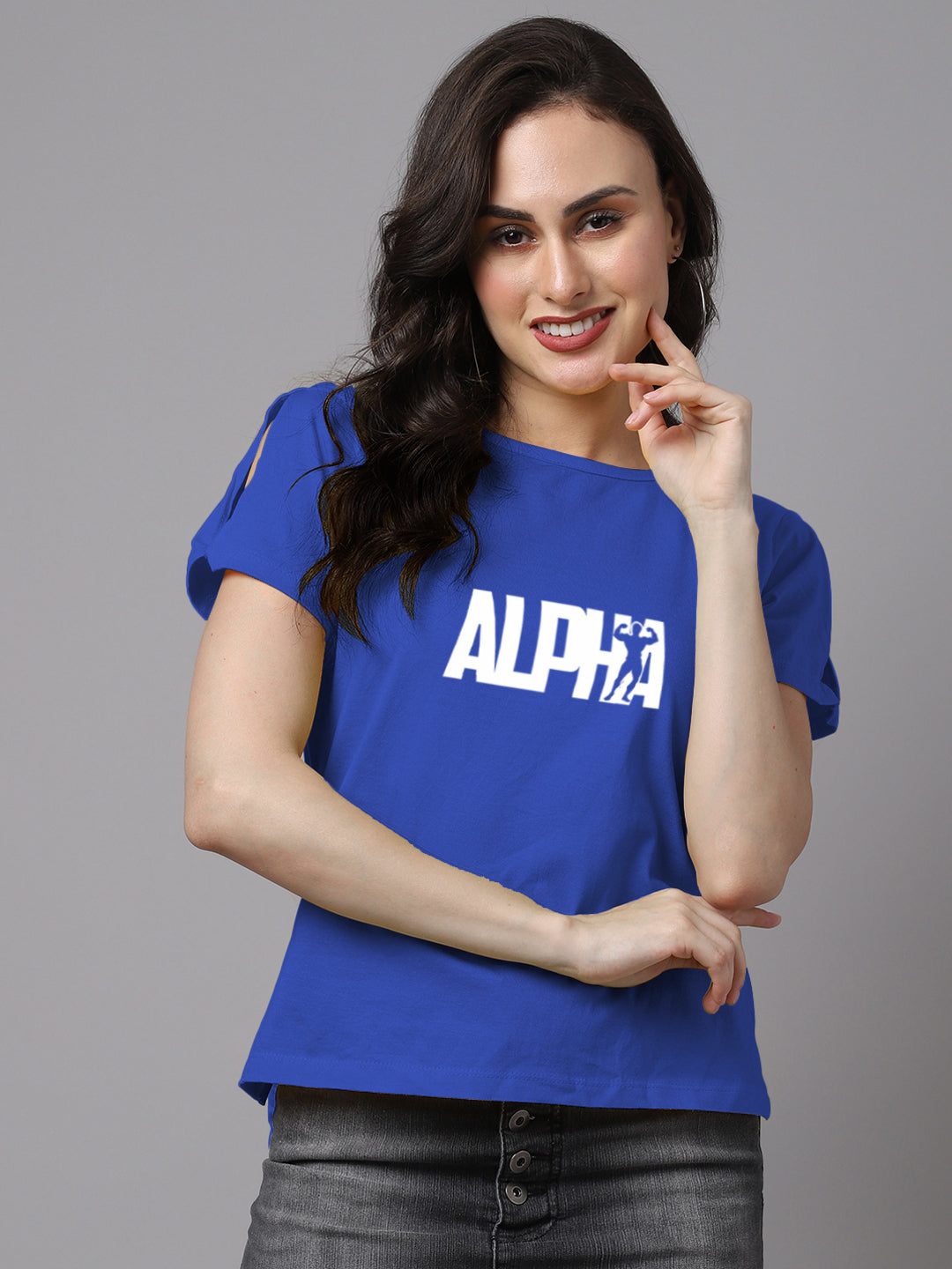 Women Slit Sleeves Alpha Printed Pure Cotton T-Shirt - Friskers