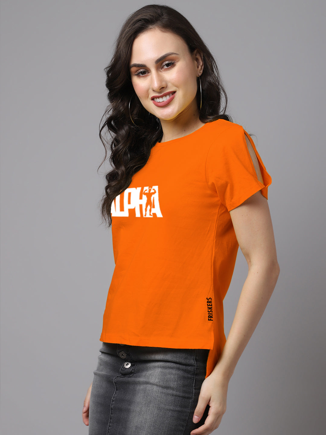 Women Slit Sleeves Alpha Printed Pure Cotton T-Shirt - Friskers