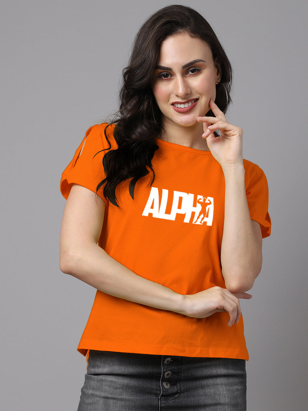 Women Slit Sleeves Alpha Printed Pure Cotton T-Shirt - Friskers