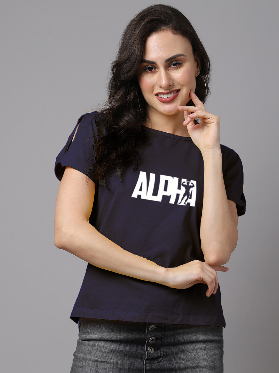 Women Slit Sleeves Alpha Printed Pure Cotton T-Shirt - Friskers
