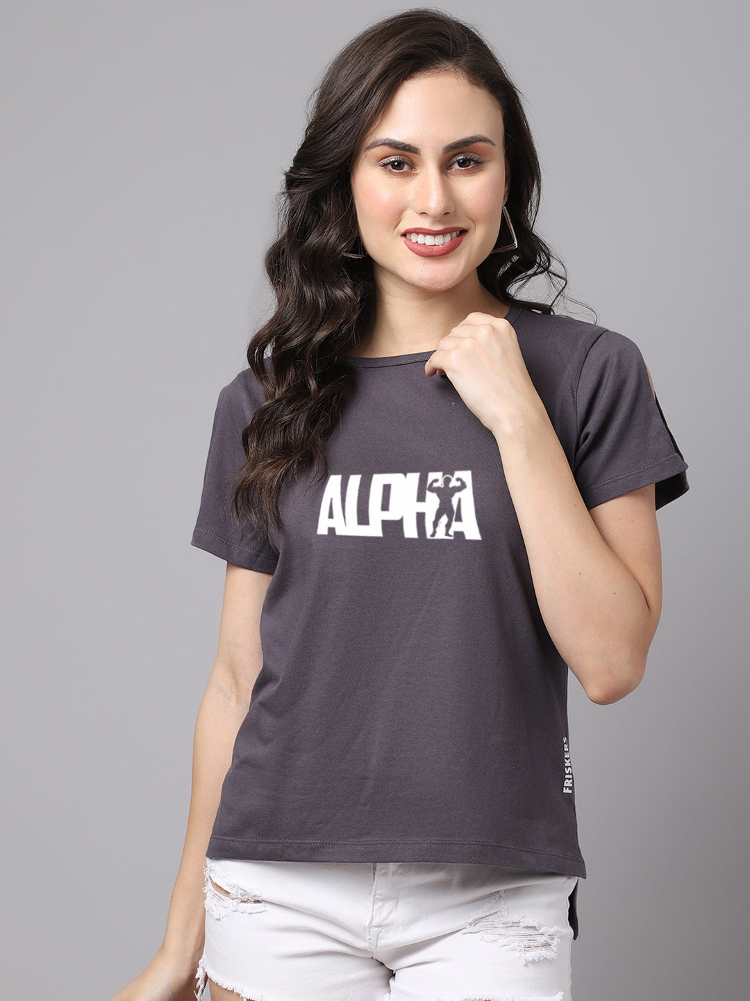 Women Slit Sleeves Alpha Printed Pure Cotton T-Shirt - Friskers