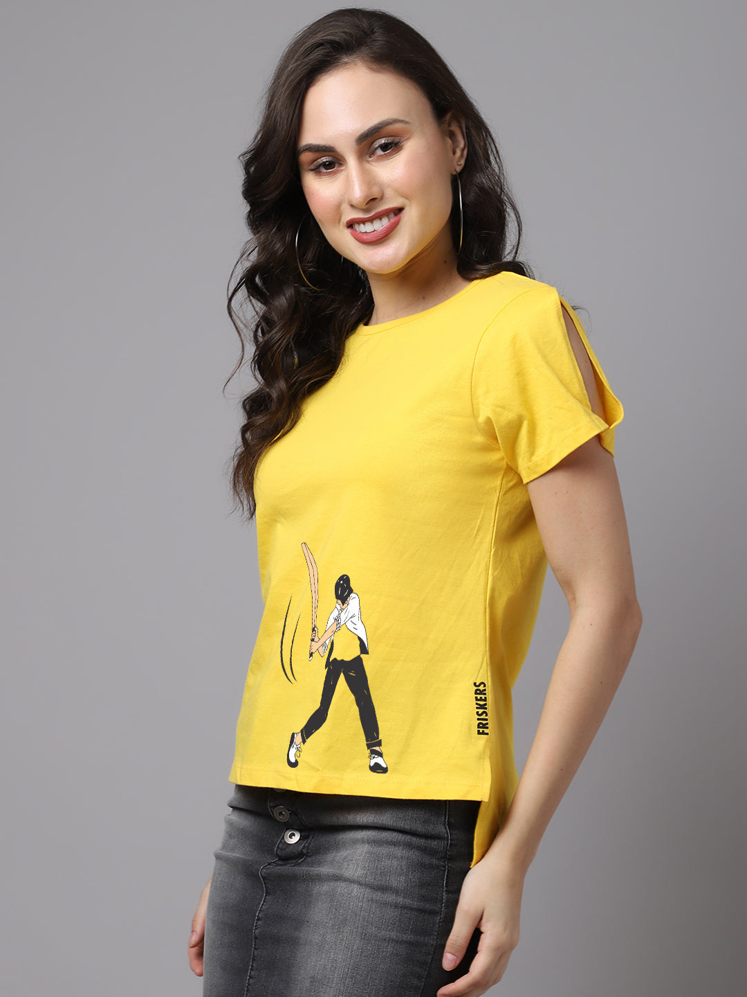 Women Slit Sleeves Cricket Printed  Pure Cotton T-Shirt - Friskers