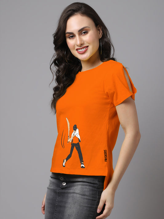 Women Slit Sleeves Cricket Printed  Pure Cotton T-Shirt - Friskers