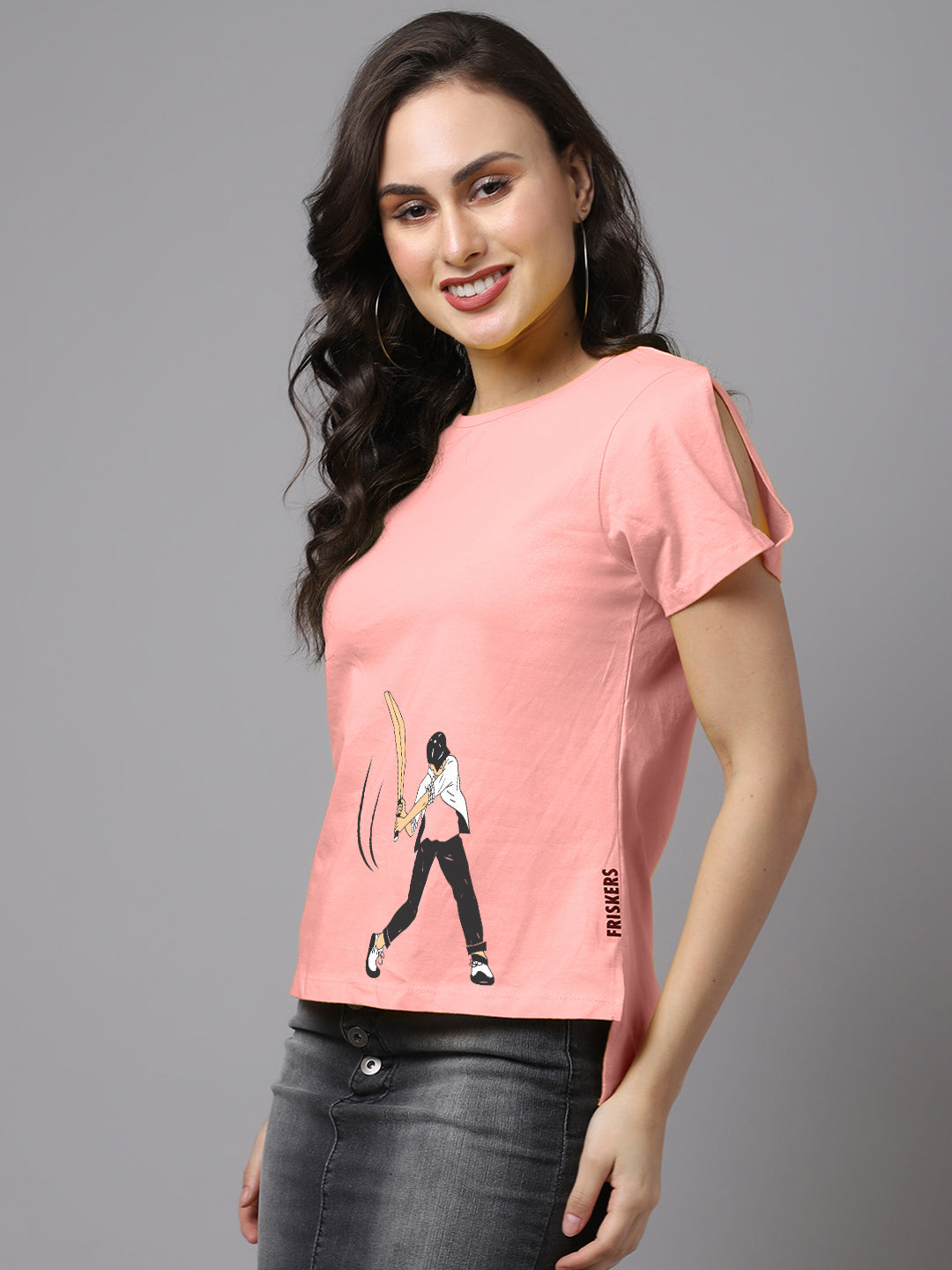 Women Slit Sleeves Cricket Printed  Pure Cotton T-Shirt - Friskers