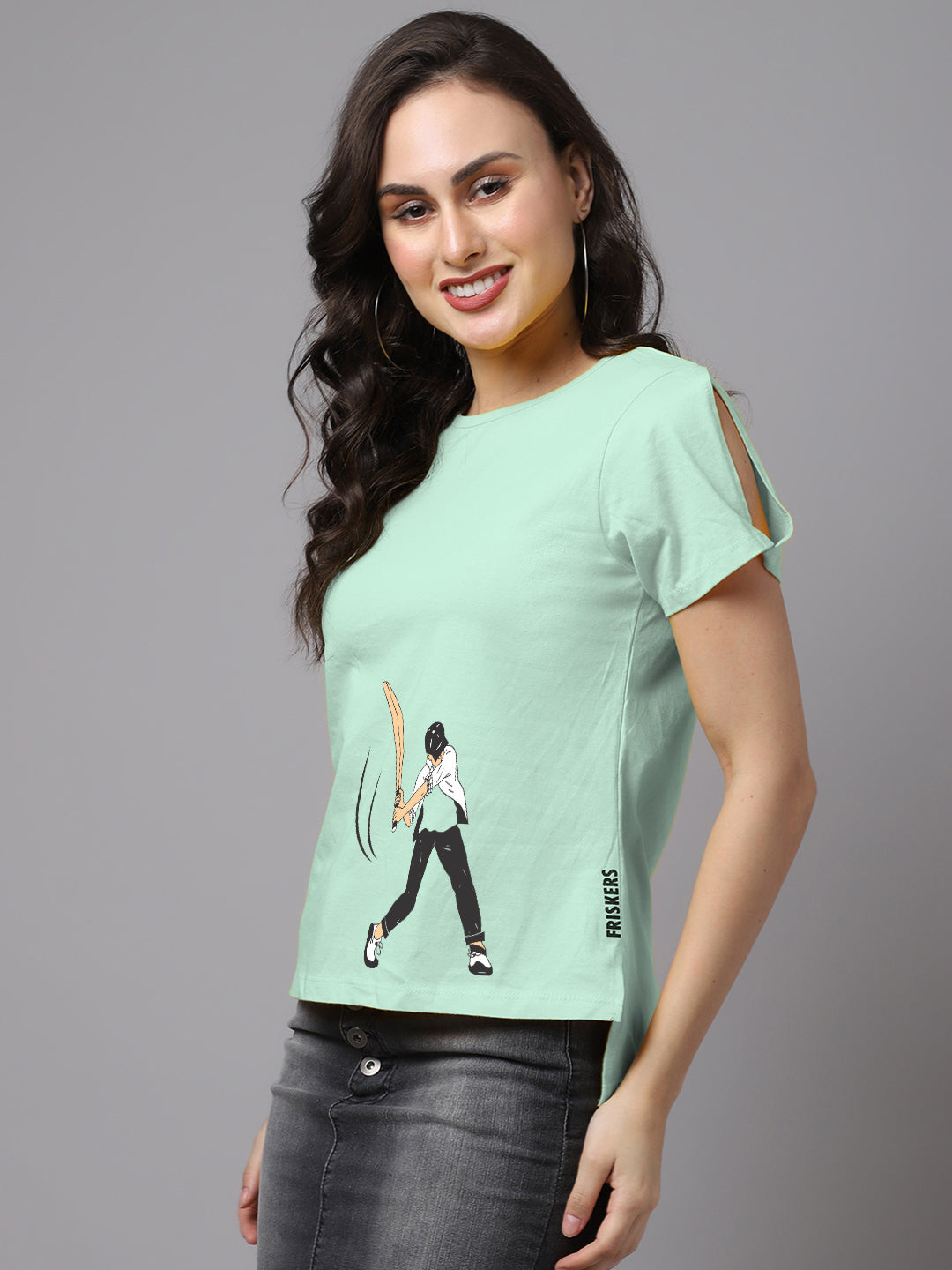 Women Slit Sleeves Cricket Printed  Pure Cotton T-Shirt - Friskers