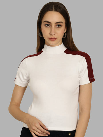 Friskers Women Solid Ribbed High Neck Crop Top