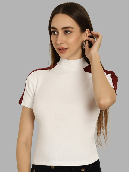 Friskers Women Solid Ribbed High Neck Crop Top