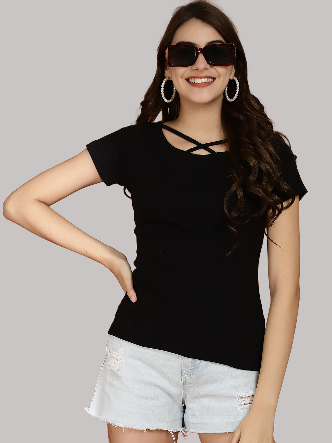 Women Solid Half Sleeves Cotton Top from western wear - Friskers