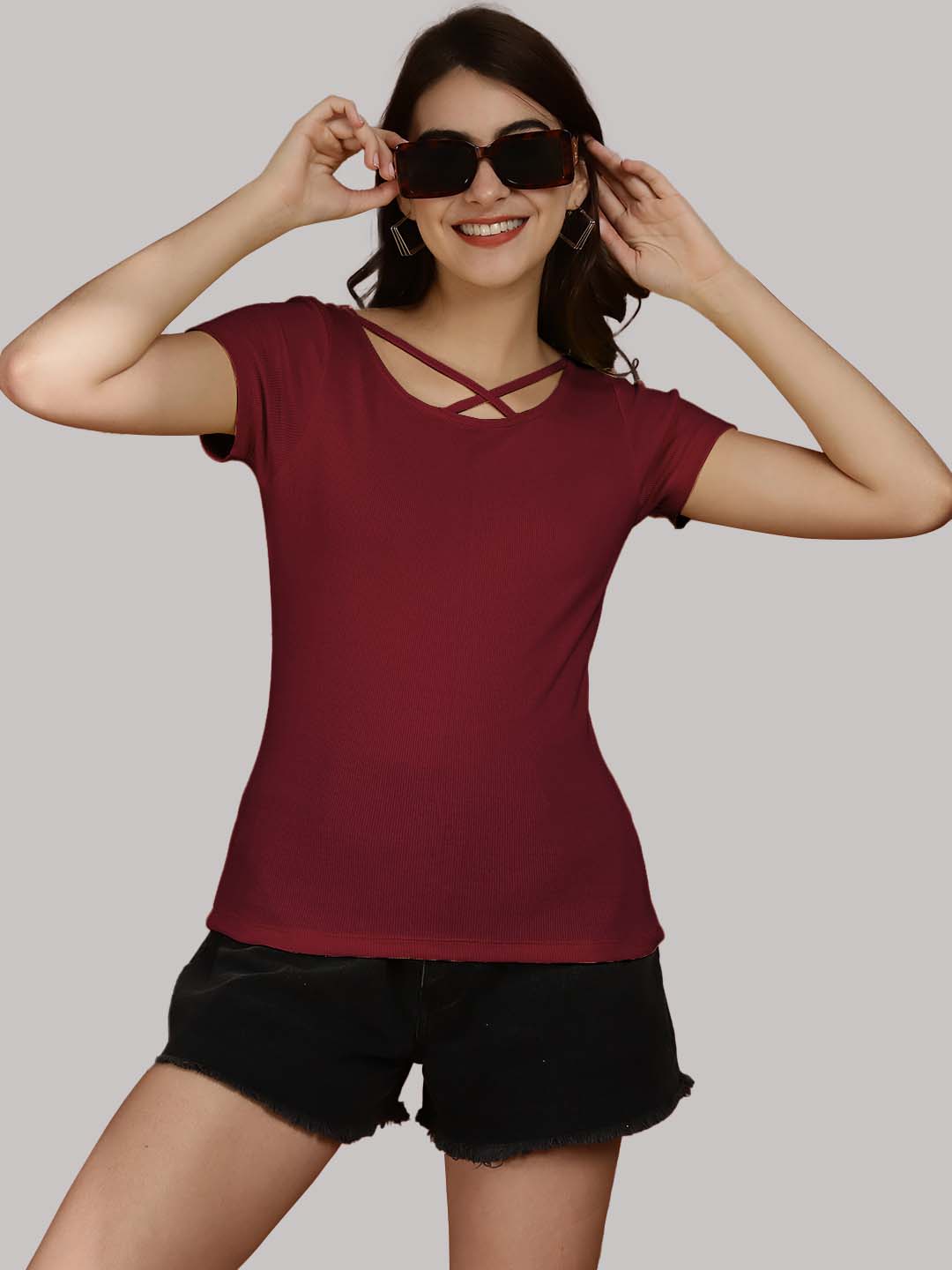 Women Solid Half Sleeves Cotton Top from western wear - Friskers