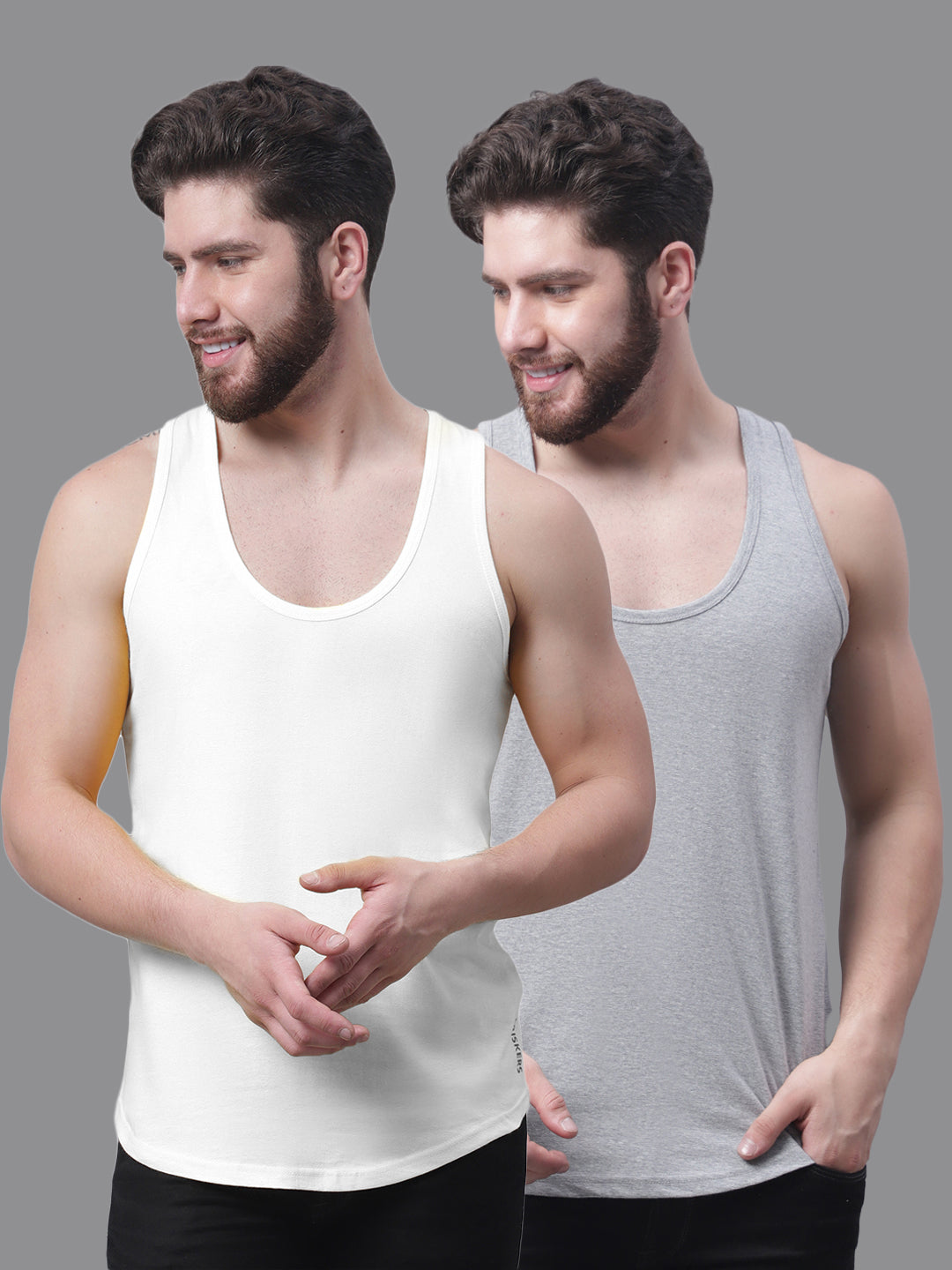 Men's Pack Of 2 White & Red Solid Pure Cotton Innerwear Gym Vest - Friskers