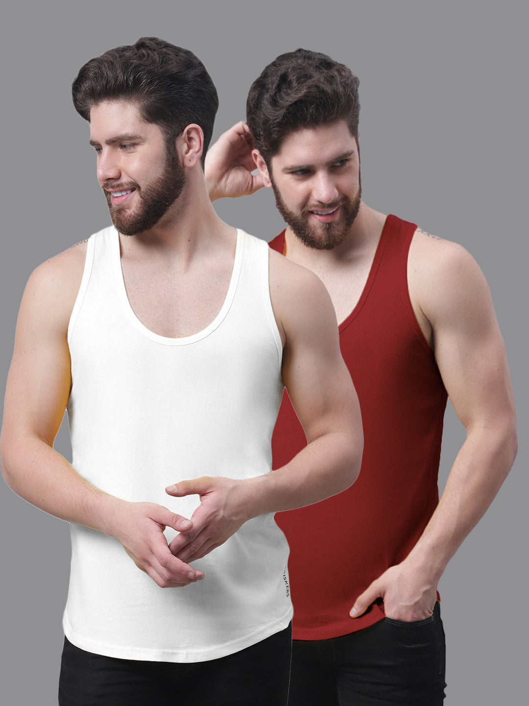 Men's Pack Of 2 White & Red Solid Pure Cotton Innerwear Gym Vest - Friskers