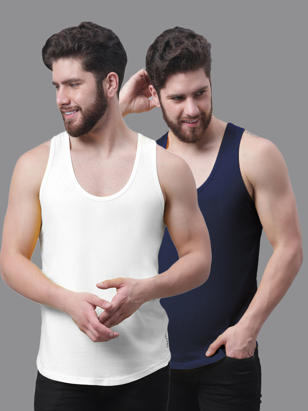 Men's Pack Of 2 White & Red Solid Pure Cotton Innerwear Gym Vest - Friskers