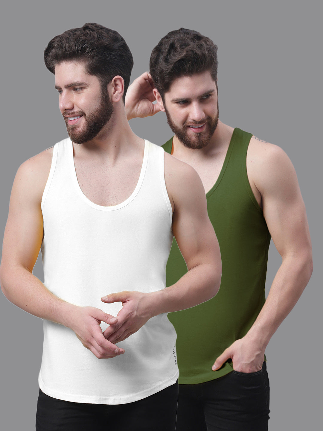 Men's Pack Of 2 White & Red Solid Pure Cotton Innerwear Gym Vest - Friskers