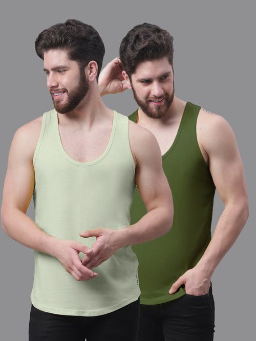 Men's Pack Of 2 Pista & Olive Green Solid Pure Cotton Innerwear Gym Vest