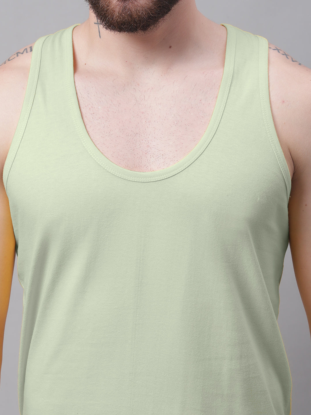 Men's Pack Of 2 Pista & Olive Green Solid Pure Cotton Innerwear Gym Vest - Friskers