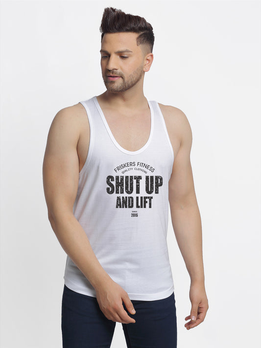 Men's Shut Up And Lift printed Sleeveless Pure Cotton Gym Vest - Friskers