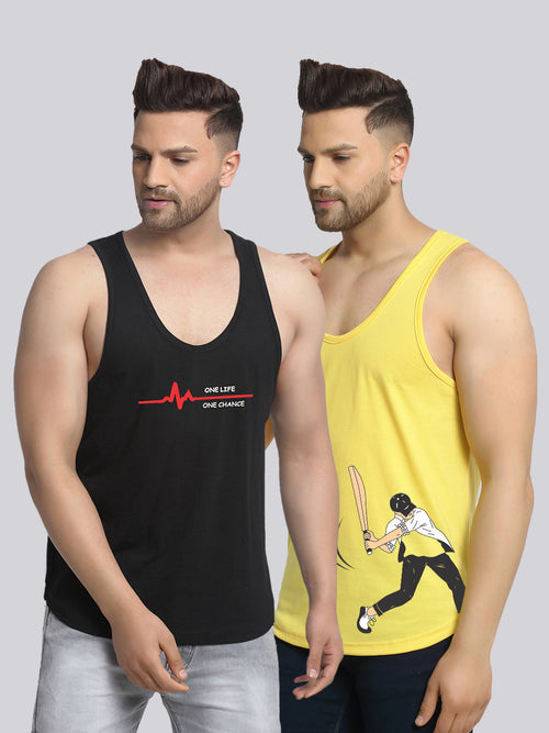 Men's Pack of 2 Black & Yellow Printed Gym Vest
