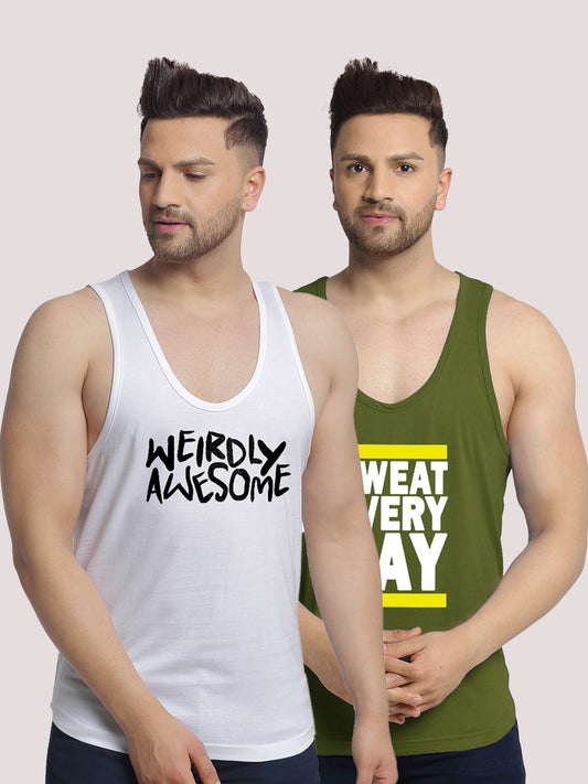 Men's Pack of 2 White & Olive Green Printed Gym vest - Friskers