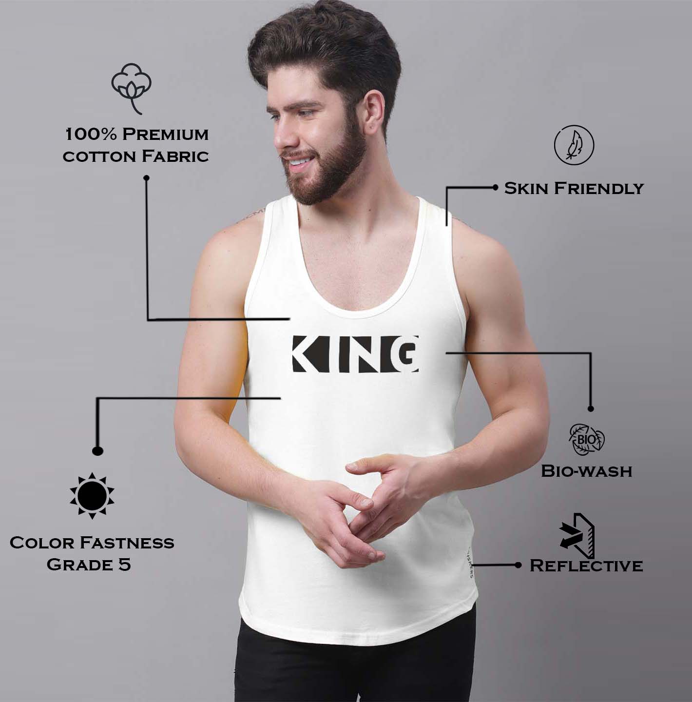 Men's King printed Pure Cotton Gym Vest - Friskers