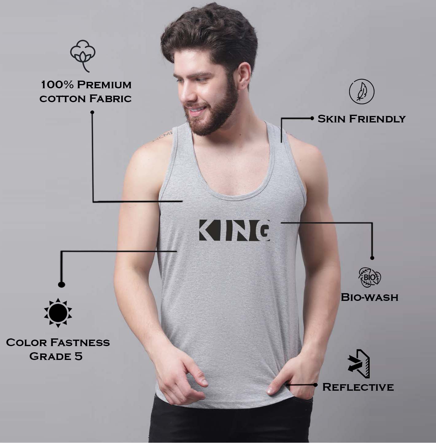 Men's King printed Pure Cotton Gym Vest - Friskers