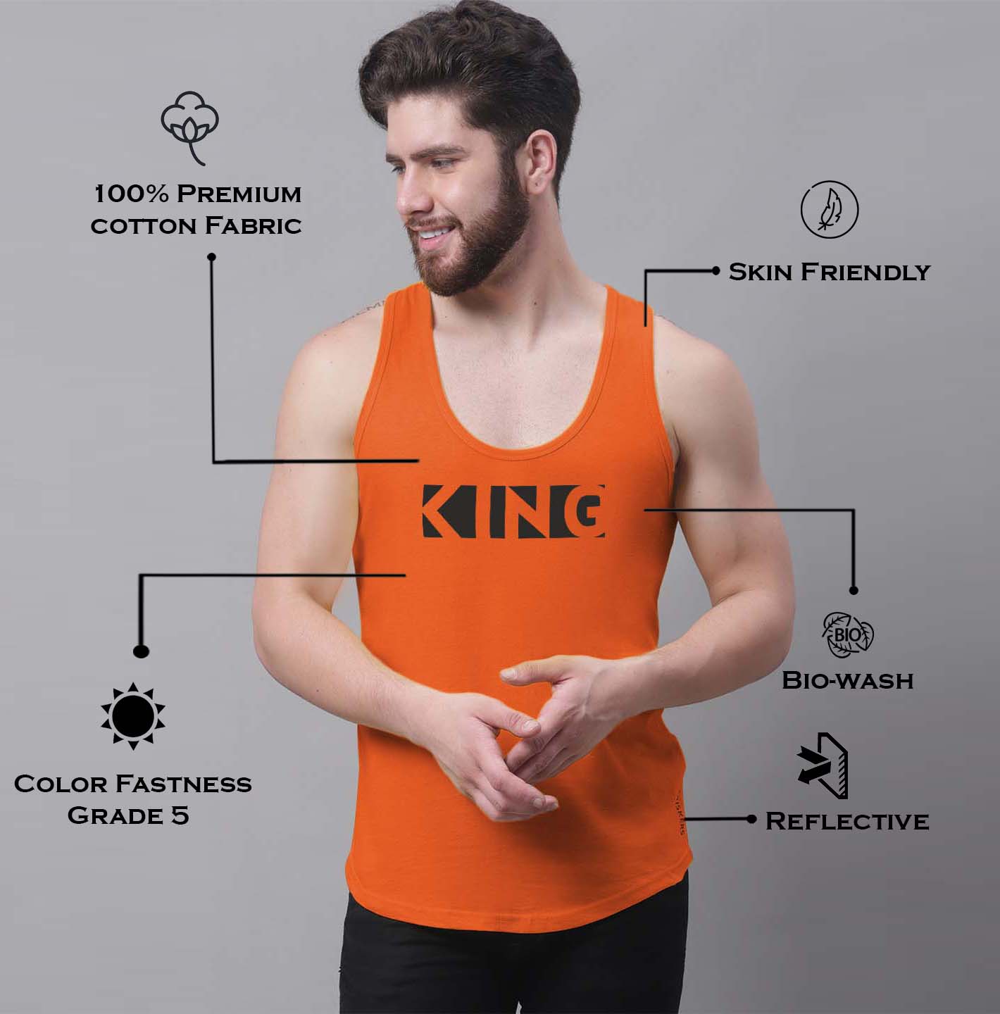 Men's King printed Pure Cotton Gym Vest - Friskers