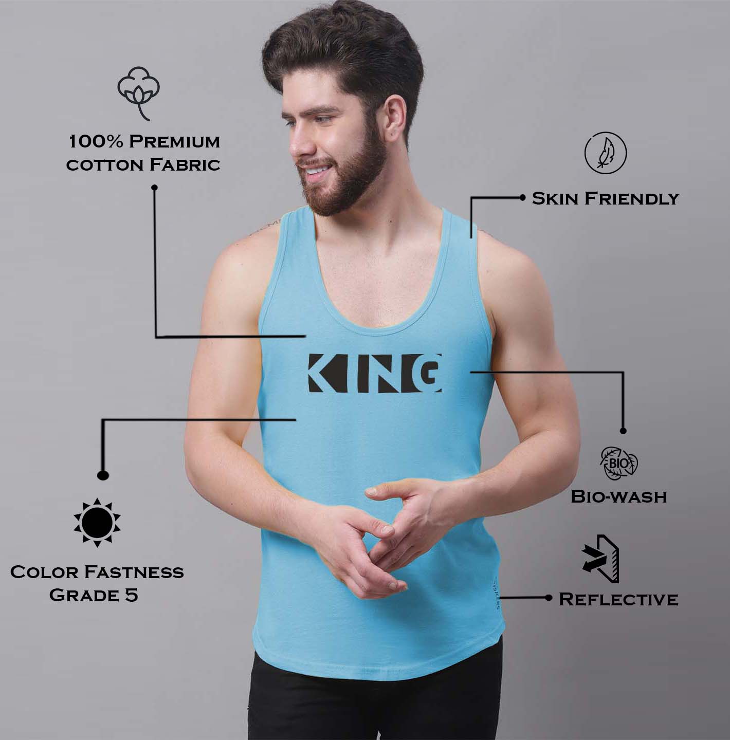 Men's King printed Pure Cotton Gym Vest - Friskers