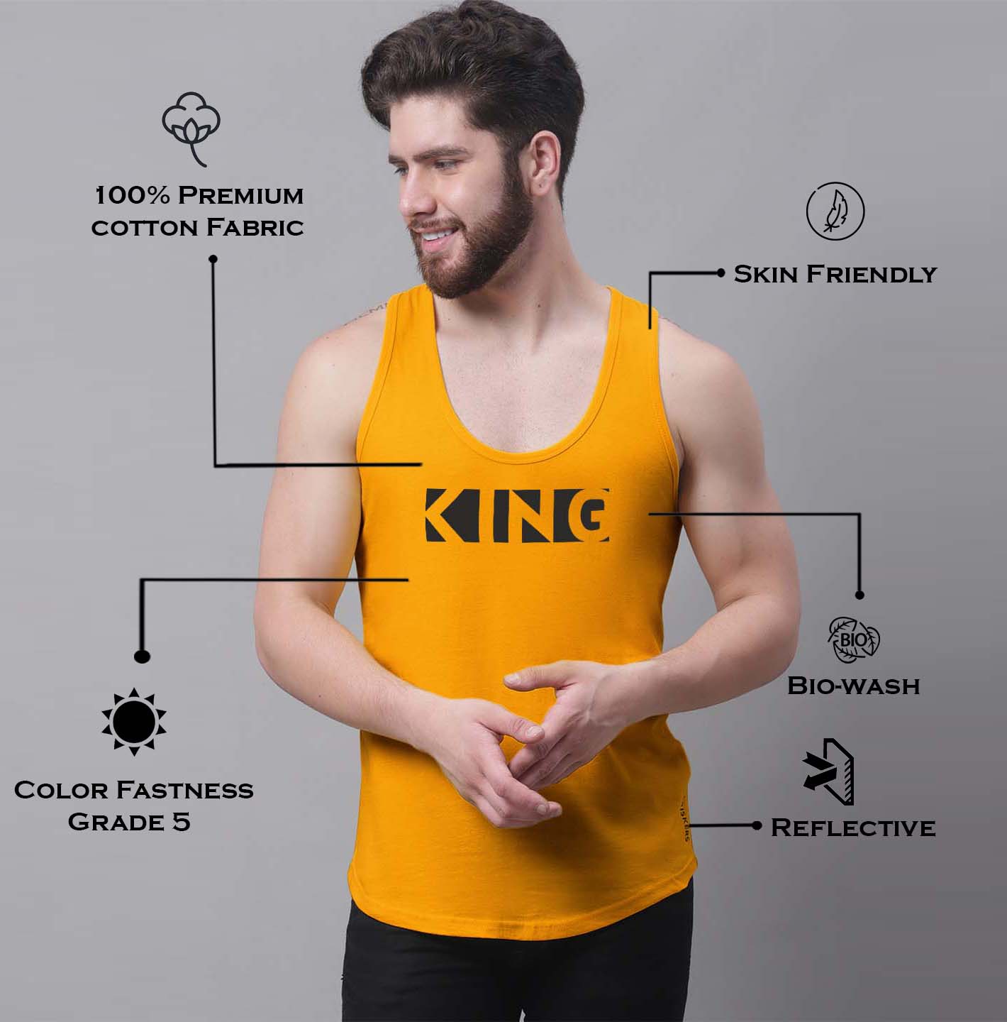 Men's King printed Pure Cotton Gym Vest - Friskers