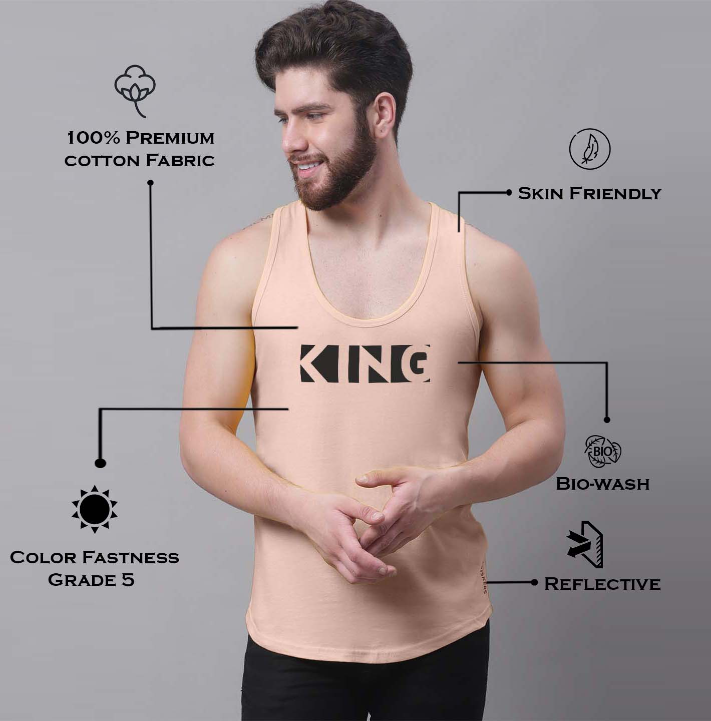 Men's King printed Pure Cotton Gym Vest - Friskers