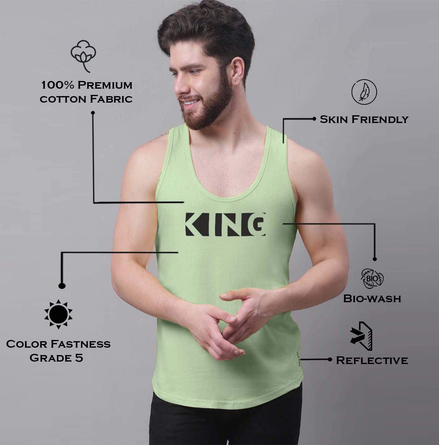 Men's King printed Pure Cotton Gym Vest - Friskers
