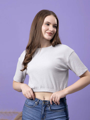 Friskers Women Grey Round Neck Lettuce-Edge Crop Top
