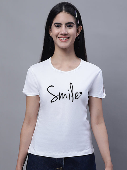 Fbar Women's Smile Printed Cotton T-Shirt with Slit Sleeves - Friskers