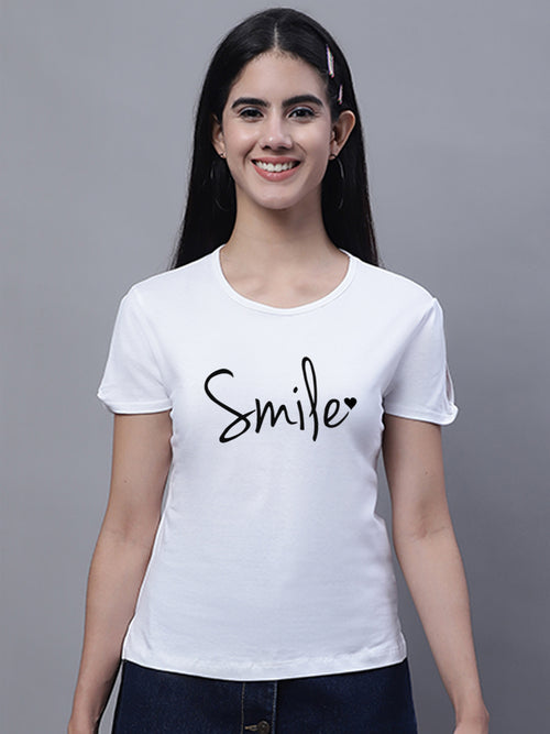 Fbar Women's Smile Printed Cotton T-Shirt with Slit Sleeves