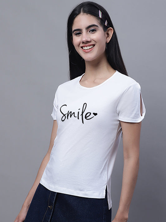 Fbar Women's Smile Printed Cotton T-Shirt with Slit Sleeves - Friskers