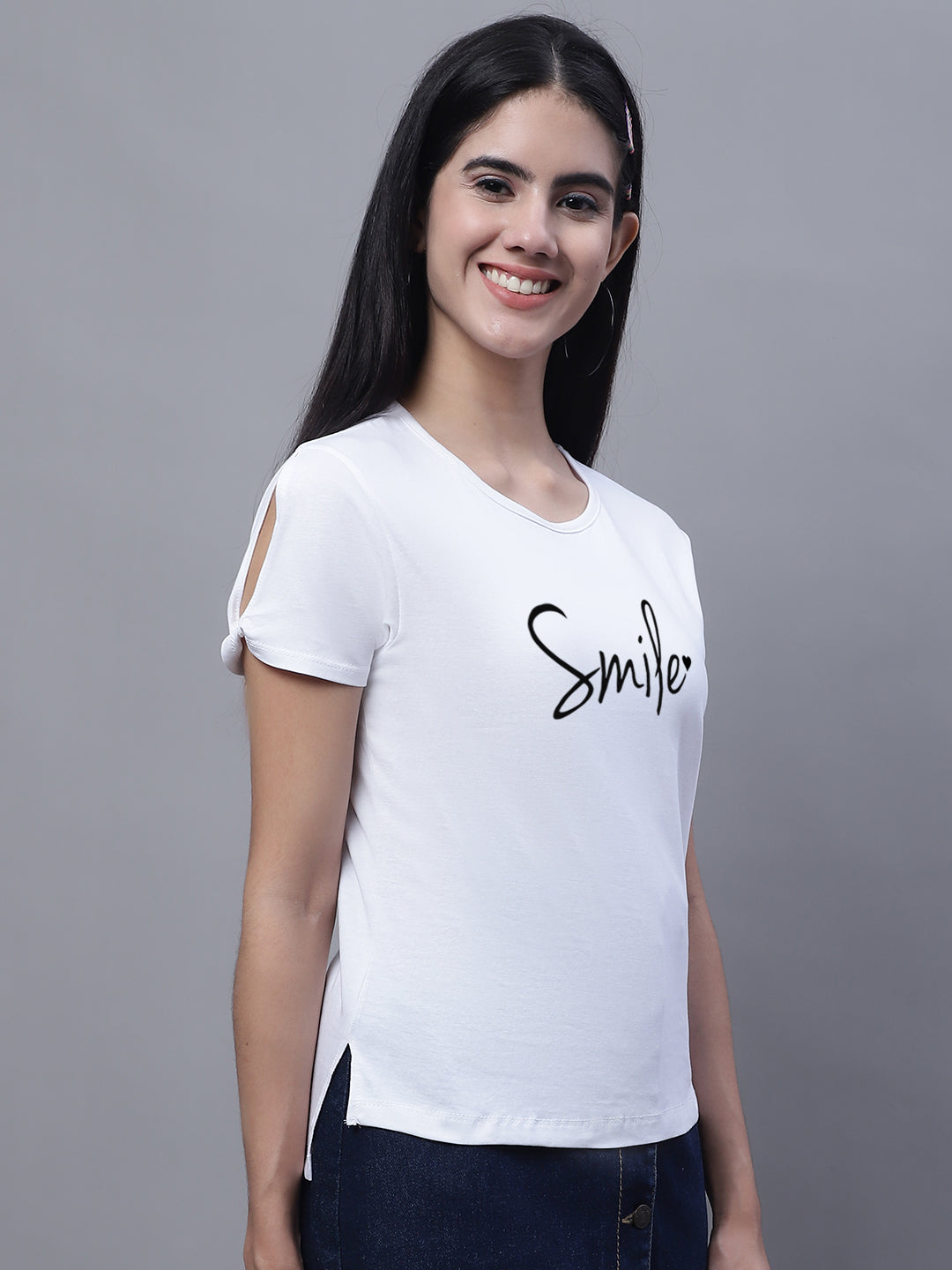 Fbar Women's Smile Printed Cotton T-Shirt with Slit Sleeves - Friskers