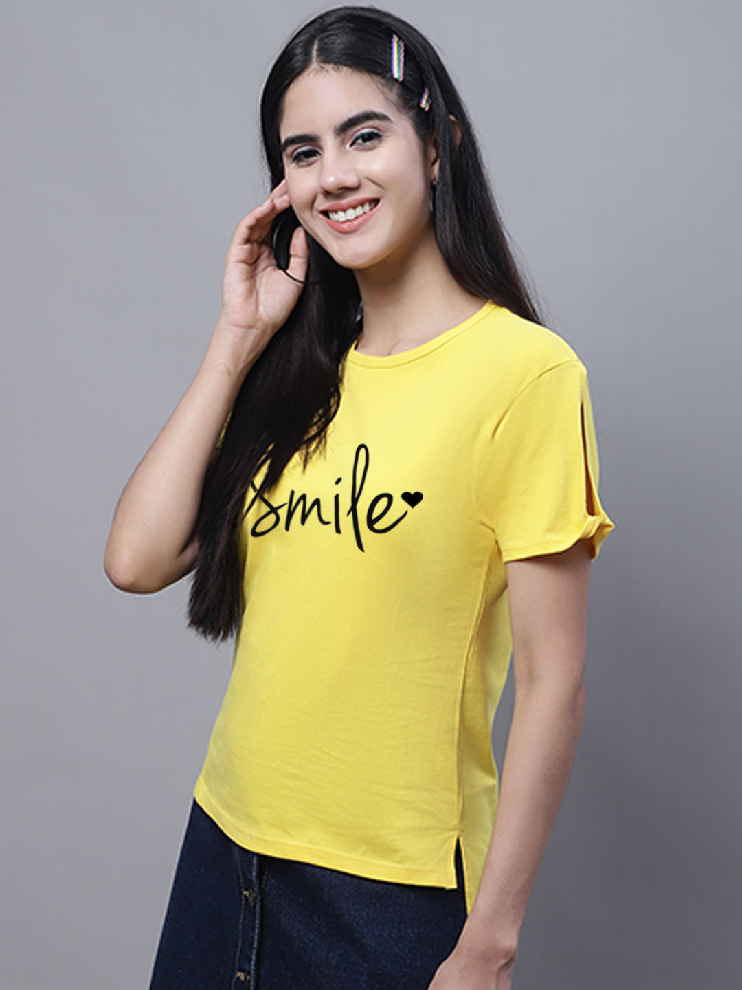 Fbar Women's Smile Printed Cotton T-Shirt with Slit Sleeves - Friskers