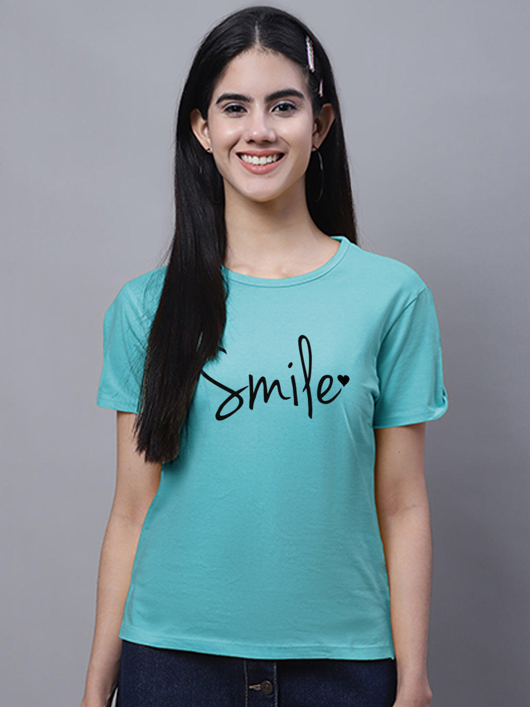 Fbar Women's Smile Printed Cotton T-Shirt with Slit Sleeves - Friskers