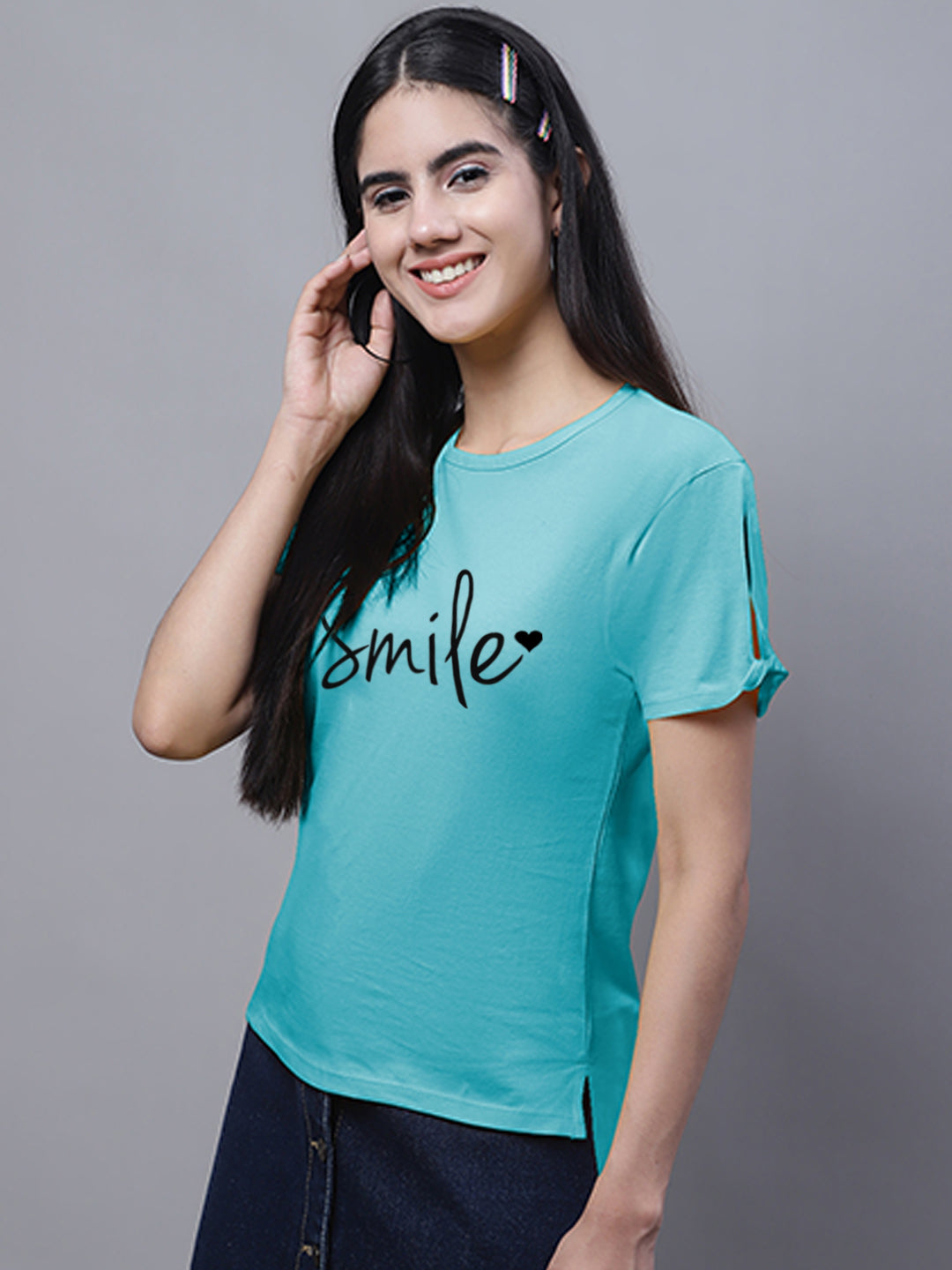 Fbar Women's Smile Printed Cotton T-Shirt with Slit Sleeves - Friskers