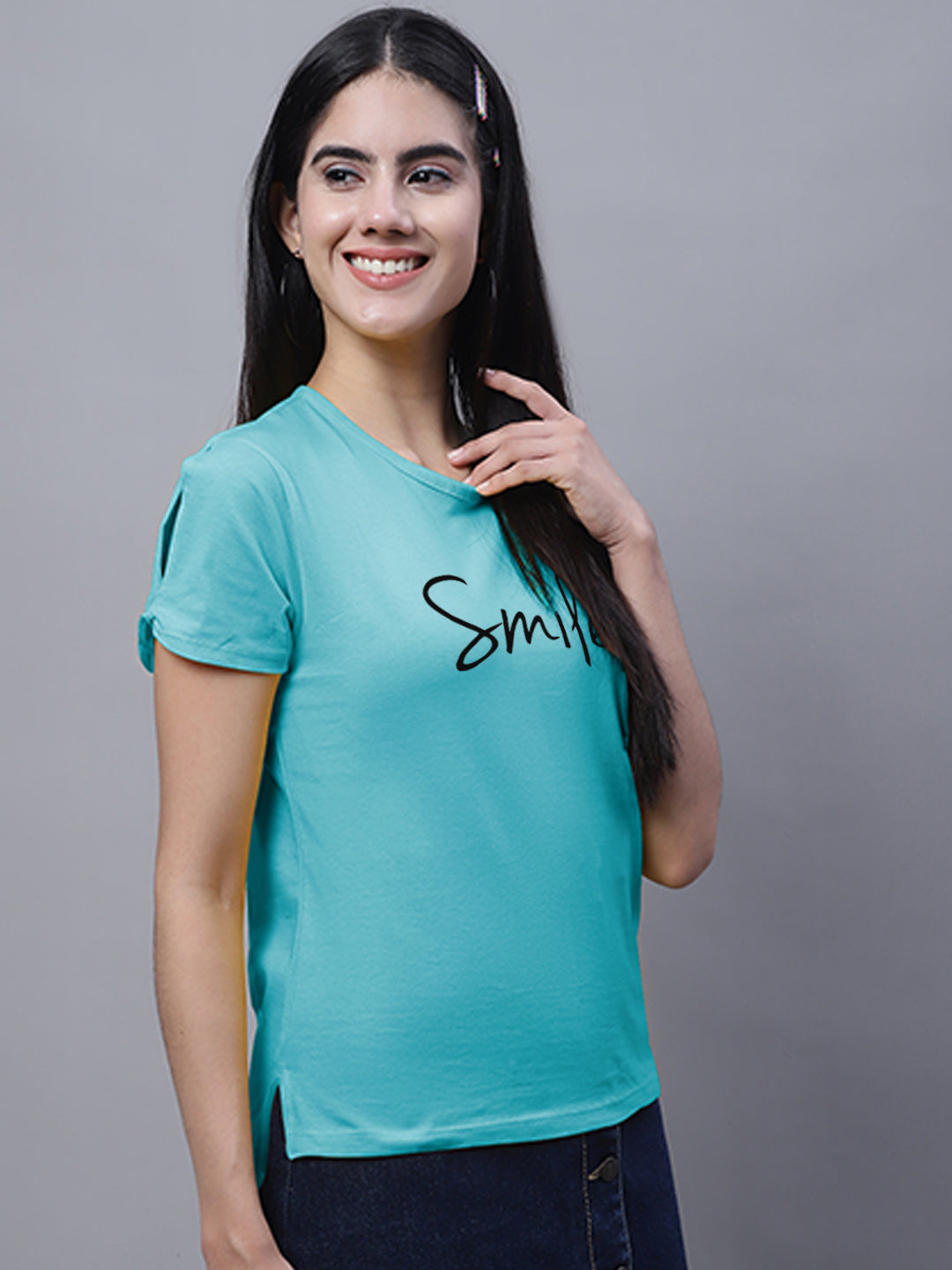 Fbar Women's Smile Printed Cotton T-Shirt with Slit Sleeves - Friskers