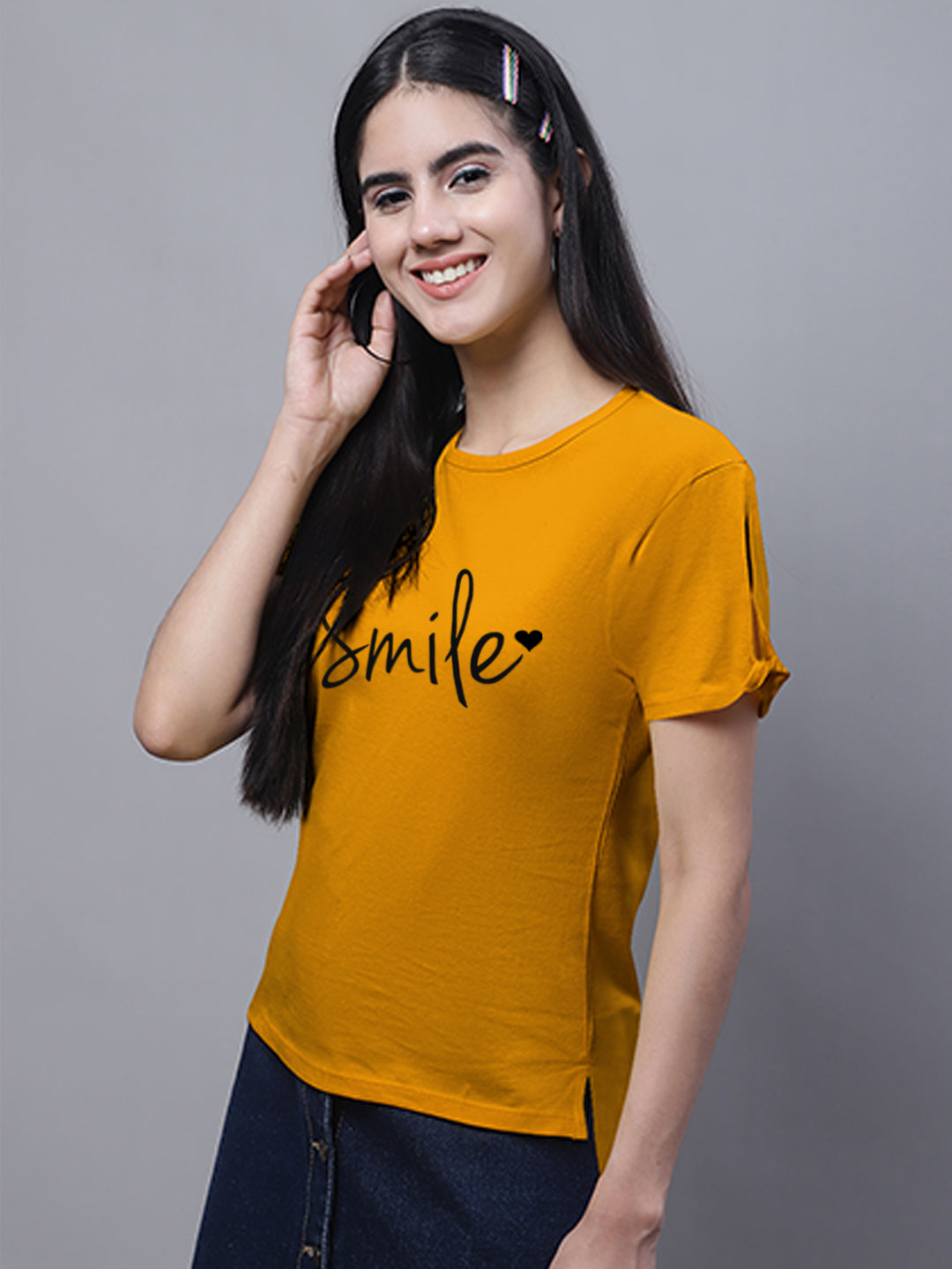 Fbar Women's Smile Printed Cotton T-Shirt with Slit Sleeves - Friskers