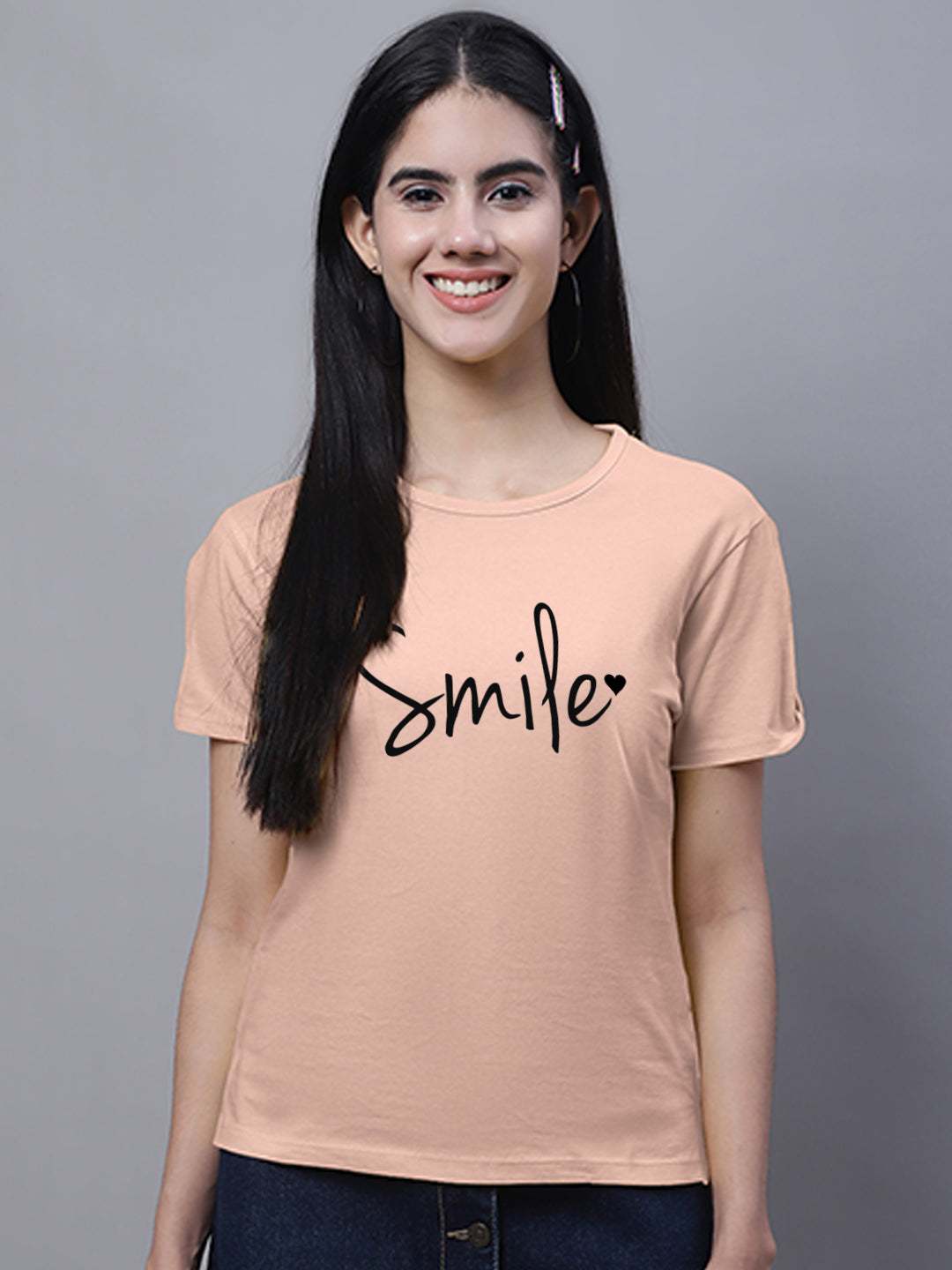 Fbar Women's Smile Printed Cotton T-Shirt with Slit Sleeves - Friskers