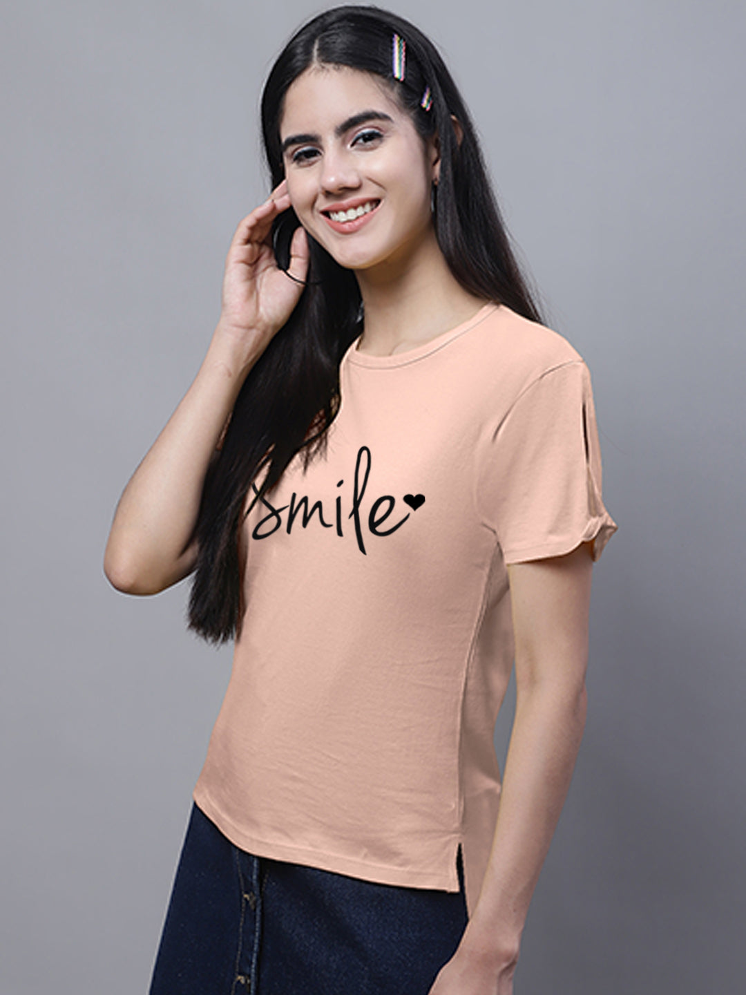 Fbar Women's Smile Printed Cotton T-Shirt with Slit Sleeves - Friskers