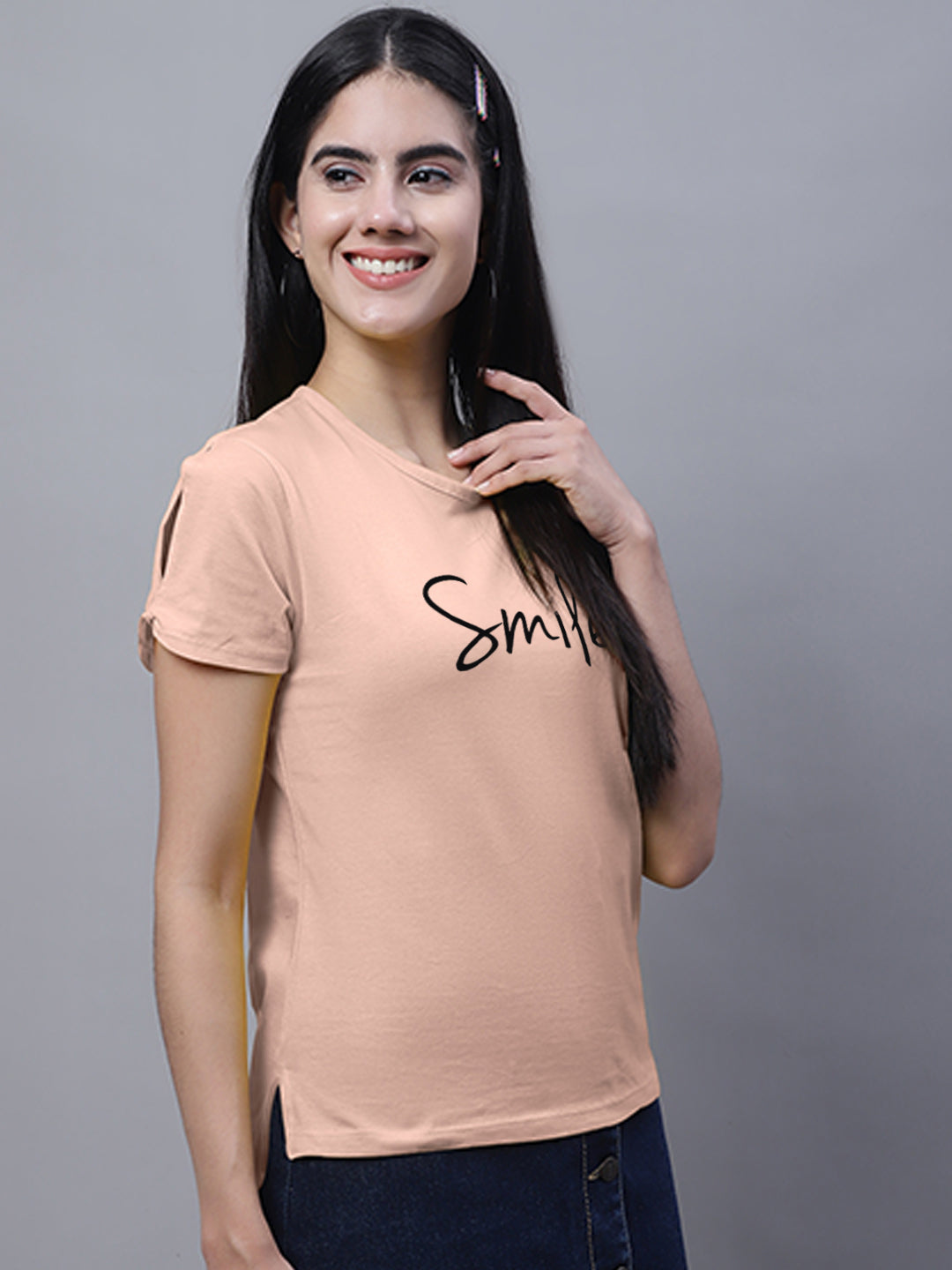 Fbar Women's Smile Printed Cotton T-Shirt with Slit Sleeves - Friskers