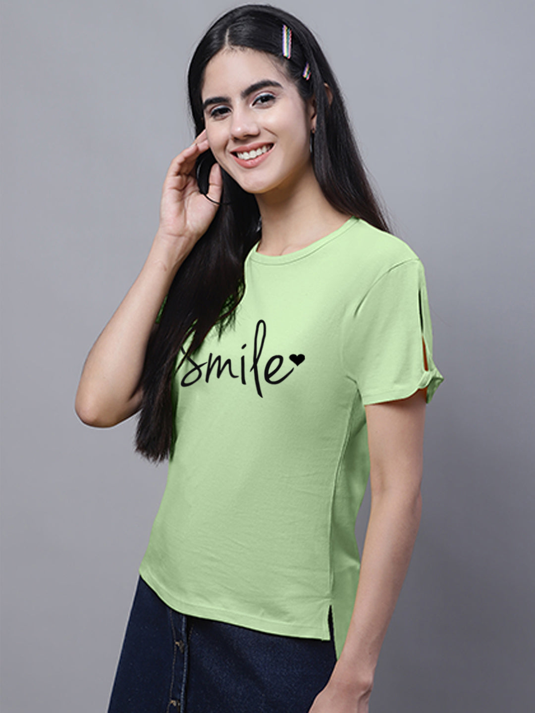 Fbar Women's Smile Printed Cotton T-Shirt with Slit Sleeves - Friskers
