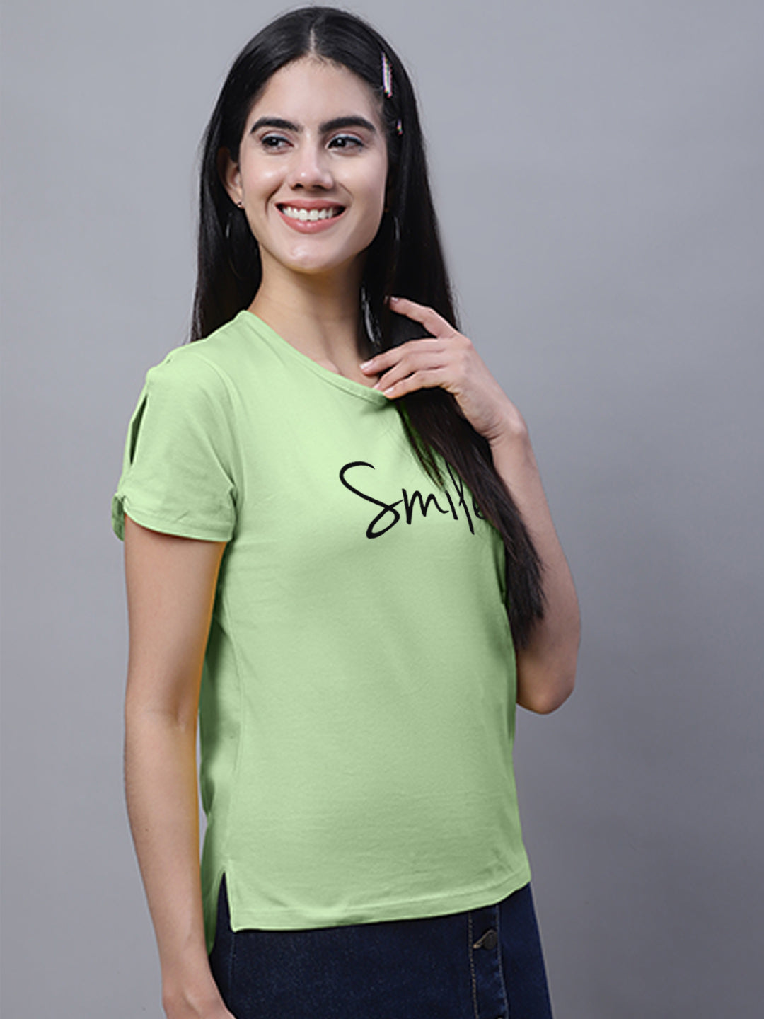 Fbar Women's Smile Printed Cotton T-Shirt with Slit Sleeves - Friskers