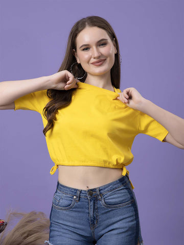 Friskers Women Yellow Round Neck Lettuce-Edge Crop Top