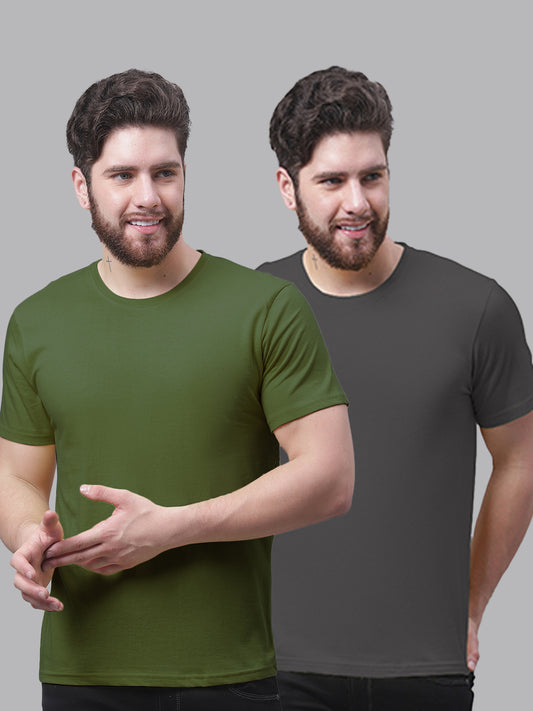 Men's Pack Of 2 Olive Green & Solid Grey Pure Cotton Half Sleeve T-shirt - Friskers