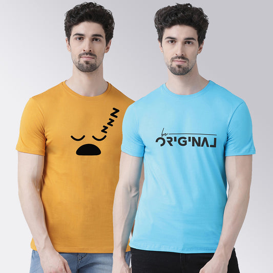 Men's Pack Of 2 Mustard & Turquiose Printed Half Sleeves T-Shirt - Friskers