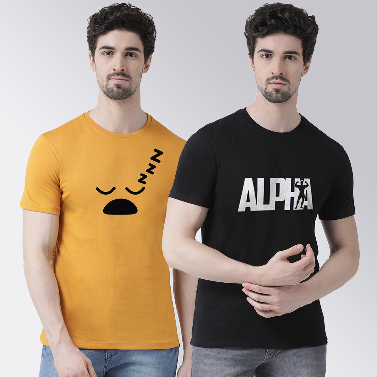 Men's Pack Of 2 Printed Round Neck Half Sleeves T-Shirt - Friskers