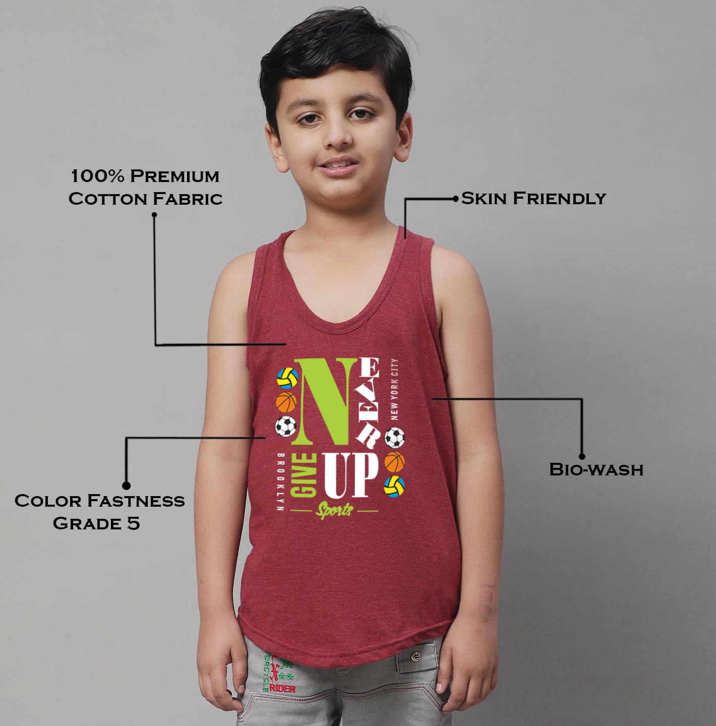 Kids Never Giveup printed Regular Fit Vest - Friskers