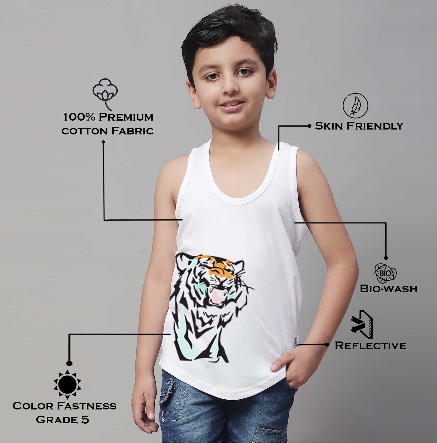Boys Tiger Printed Regular Fit Vest - Friskers